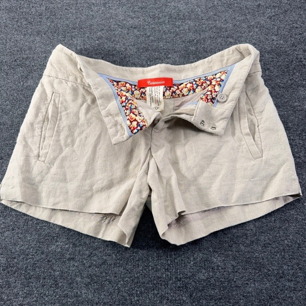 Cartonnier Anthropologie 100% Linen Shorts Beige Oatmeal Floral Trim Size 0